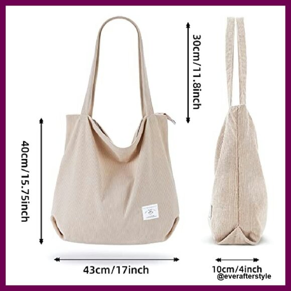 Corduroy Tote Bag Zipper Casual Large Capacity Shoulder Bag with Pockets - Picture 5 of 8